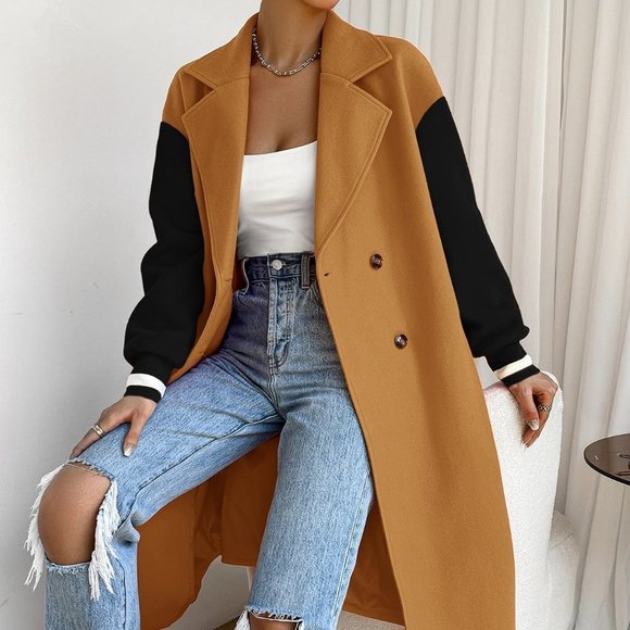 . Jackets & Blazers - Multicolor Casual Womens Colorblock Drop Shoulder Double Breasted Overco…